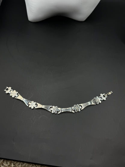 Vintage Mexican Sterling Silver 925 Bracelet – Floral Link Design, Taxco Style, Mid-Century