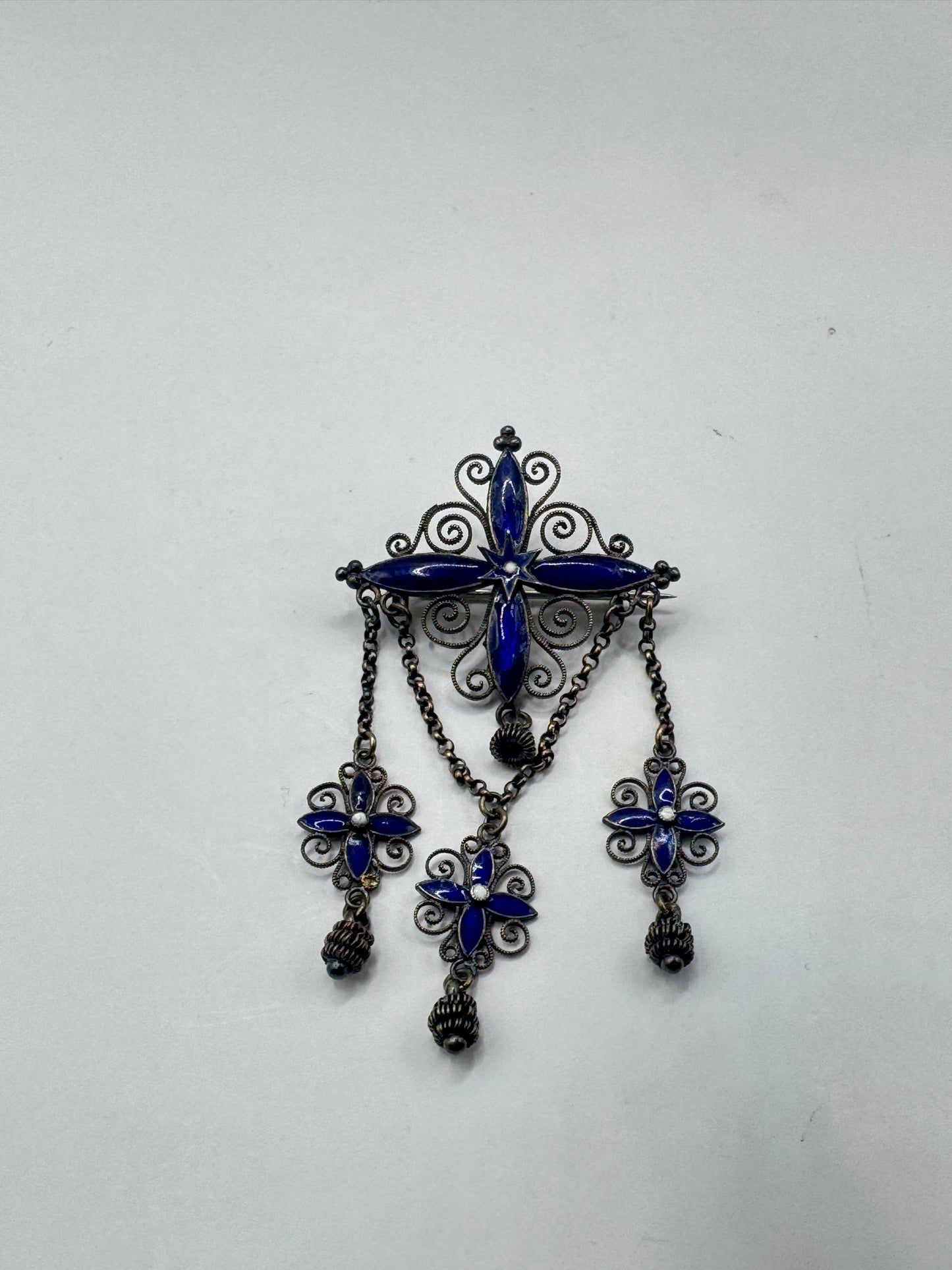 Authentic Antique Marius Hammer Silver 930 Filigree Brooch with Blue Enamel & Thimble Drops, c.1900 – Good Condition