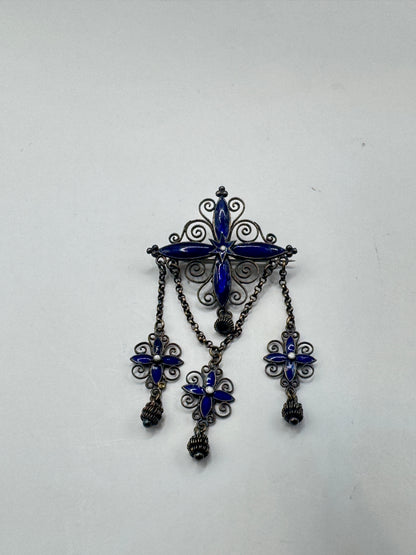 Authentic Antique Marius Hammer Silver 930 Filigree Brooch with Blue Enamel & Thimble Drops, c.1900 – Good Condition
