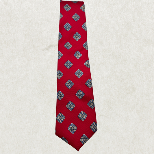Vintage Leishman Silk Tie – 100% Silk, Red Medallion Pattern
