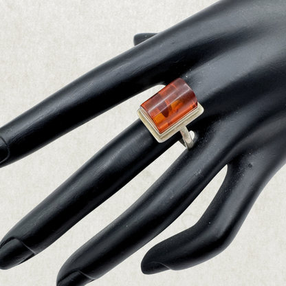 Vintage Large Sterling Silver Amber Ring Size 8.5