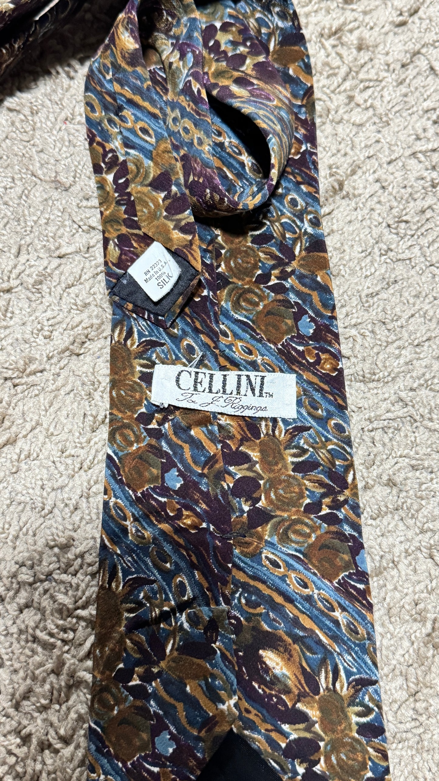 Vintage Cellini Silk Tie – Abstract Baroque Pattern, Blue & Brown, 100% Silk, 57”