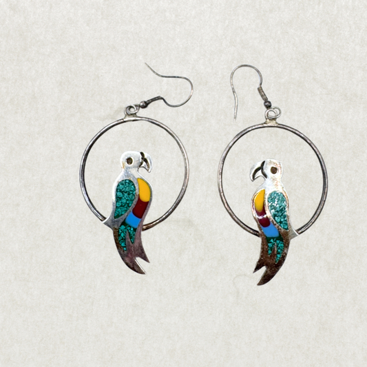 Vintage Mexico Sterling Silver Parrot Hoop Earrings – Excellent Condition
