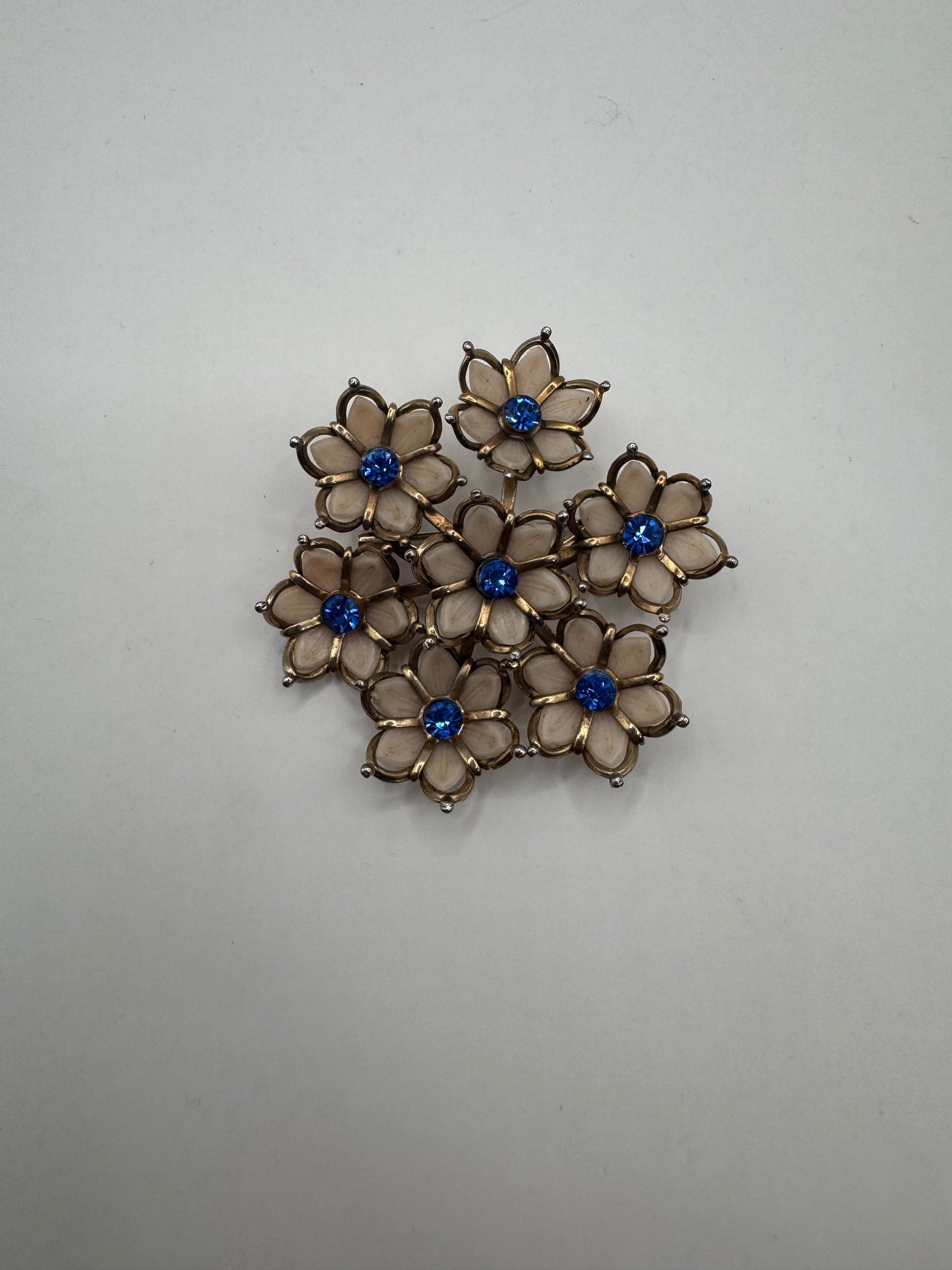 Vintage 1940s–1950s Floral Brooch with Blue Rhinestones