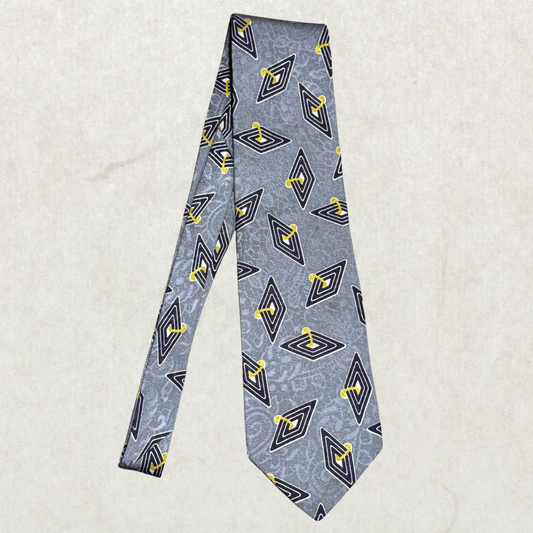 Vintage Eaton Silk Tie – Geometric Diamond Pattern, Gray & Yellow, 100% Silk, 58”