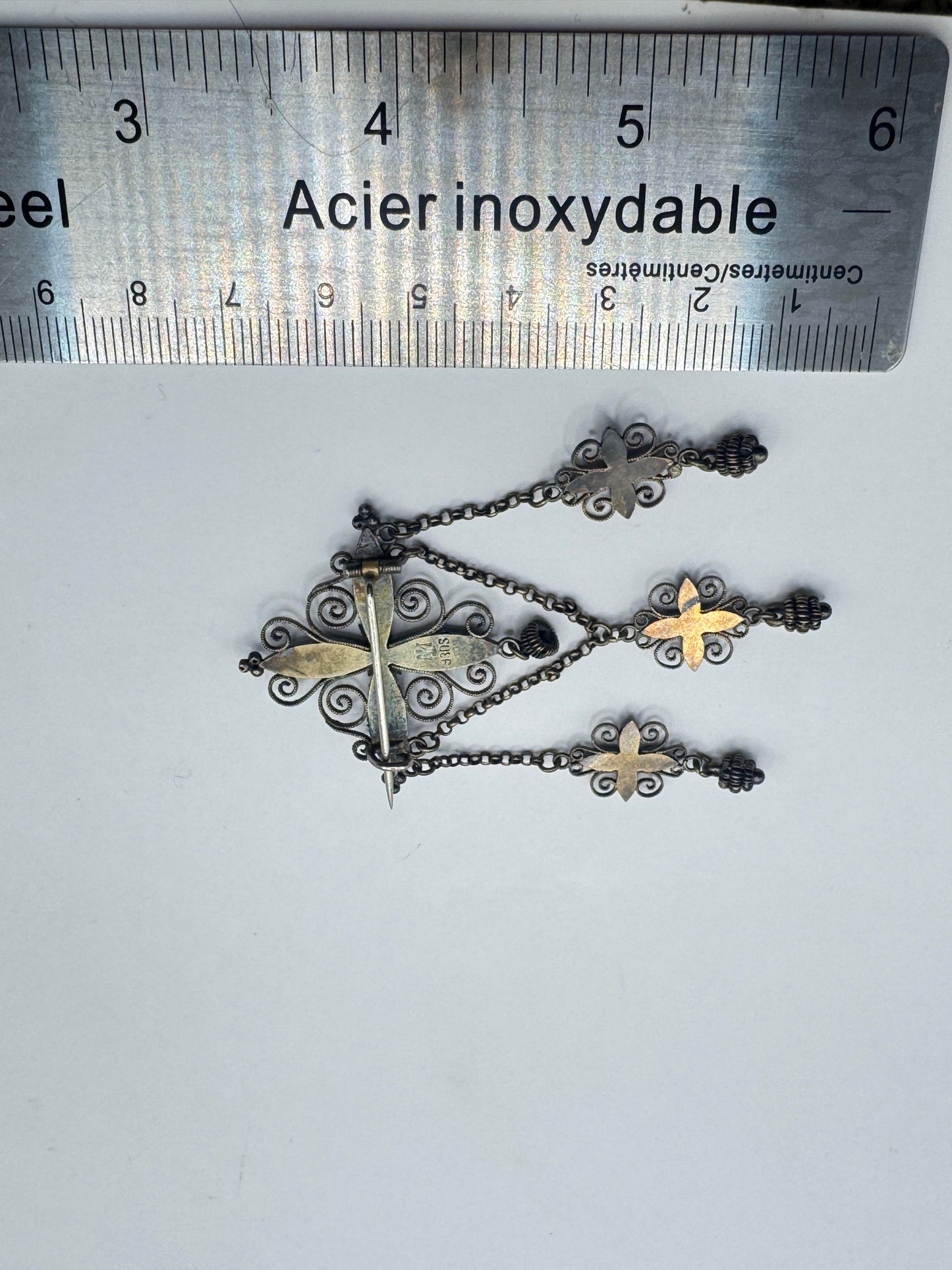 Authentic Antique Marius Hammer Silver 930 Filigree Brooch with Blue Enamel & Thimble Drops, c.1900 – Good Condition