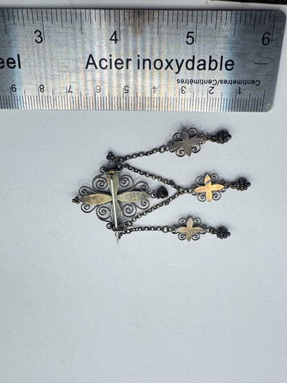 Authentic Antique Marius Hammer Silver 930 Filigree Brooch with Blue Enamel & Thimble Drops, c.1900 – Good Condition