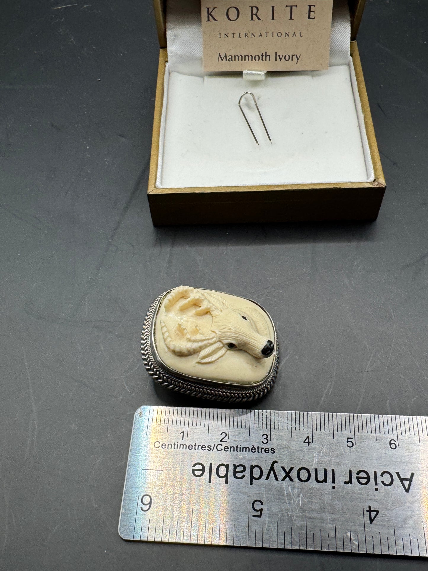 Vintage KORITE Sterling Silver 925 Pendant Brooch – Fossil Mammoth Ivory Deer Carving – CITES Exempt – Large Wildlife Statement Piece – New Old Stock