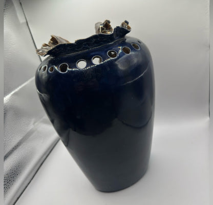 Vintage Porcelain Art Vase, Signed IS – Sculptural Navy Blue, c.1970, 11.5” x 7” x 7.5”