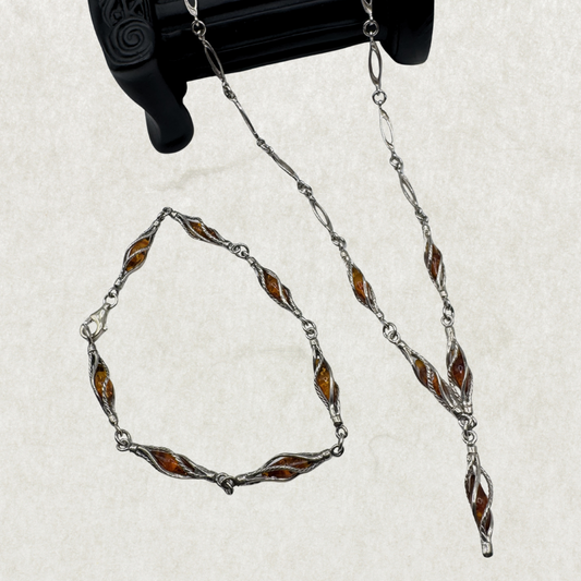 Sterling Silver Amber Necklace and Bracelet Set