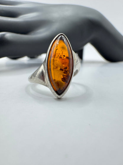 Vintage Sterling Silver Navette Amber Ring Size 8