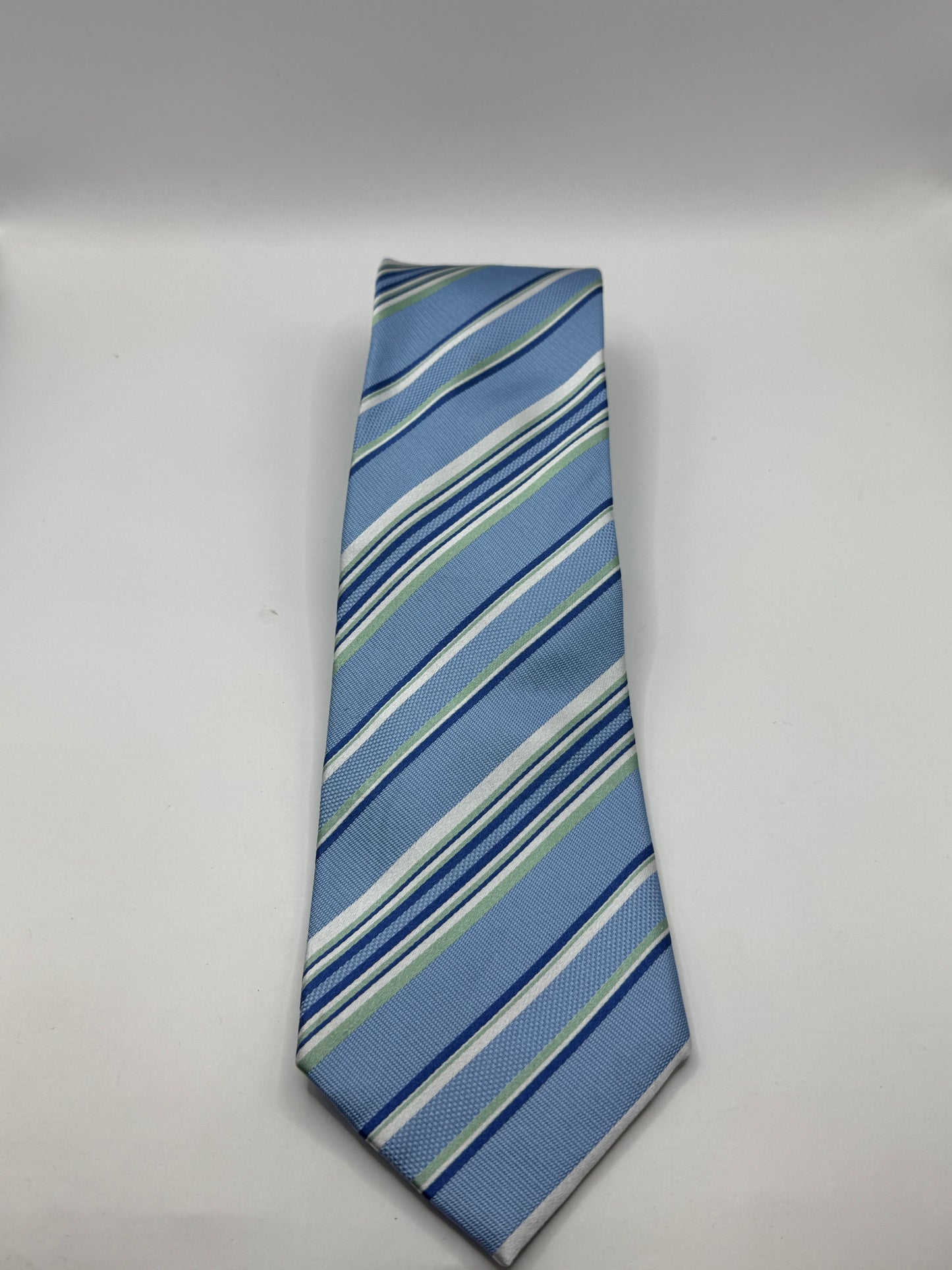 Vintage Balmain Paris 100% Silk Striped Tie, Light Blue Green and White