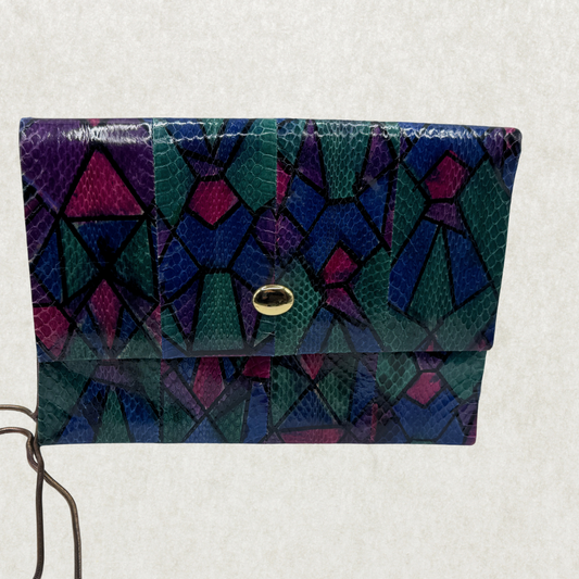 Vintage Vanna White Genuine Snakeskin Clutch – Multicolor Patchwork, Chain Strap, New Old Stock