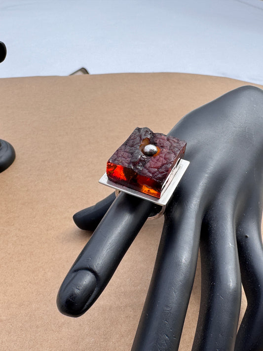 Mogens Godskesen Sterling Silver Modernist Ring with Sculptural Baltic Amber, Size 8.5