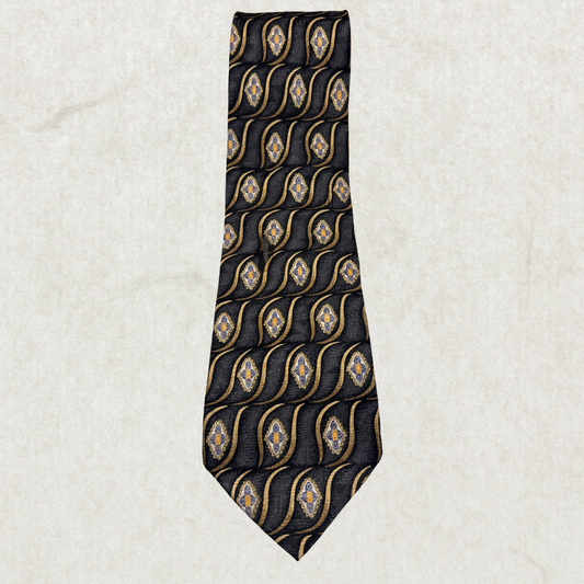 Christian Dior 100% Silk Tie – Vintage Black & Gold Pattern, 58” x 4”