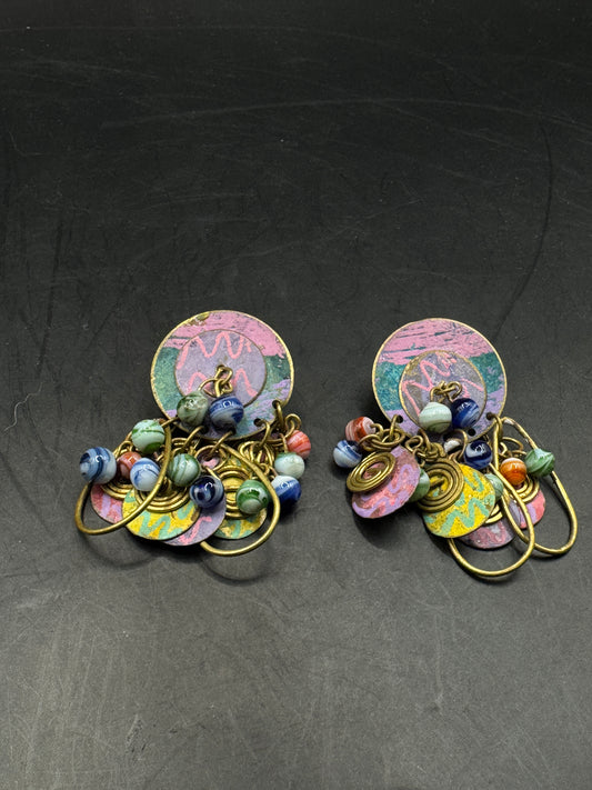 Unique Vintage Bronze Statement Earrings – Colorful Mixed Media Artisan Dangle Earrings