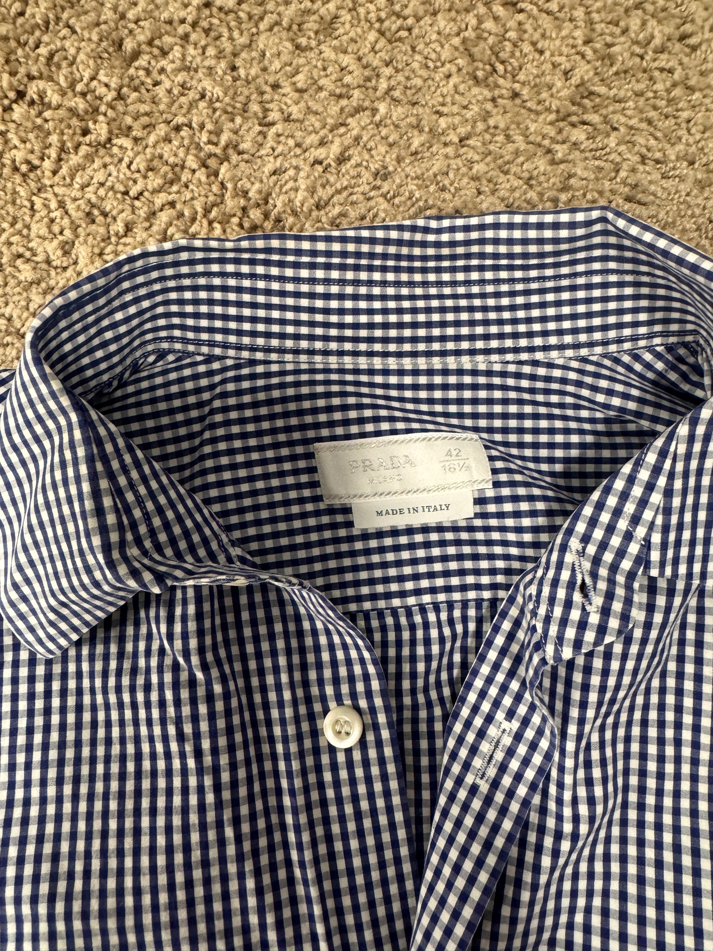 Authentic Prada Men’s Dress Shirt – Size 42 (16 1/2), Navy Gingham, Italian Luxury