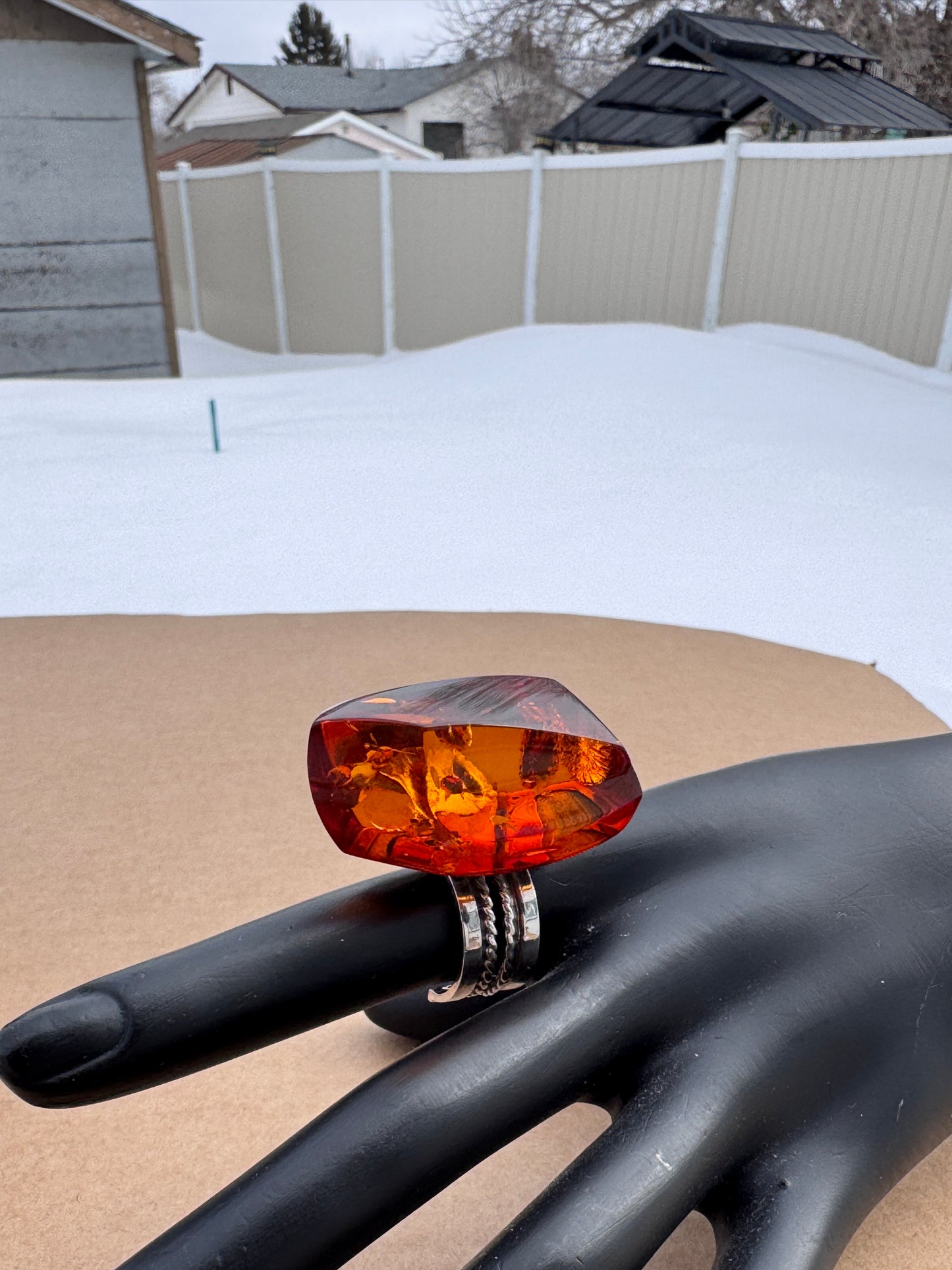 Sterling Silver Ring with Large Faceted Amber, Size 9
