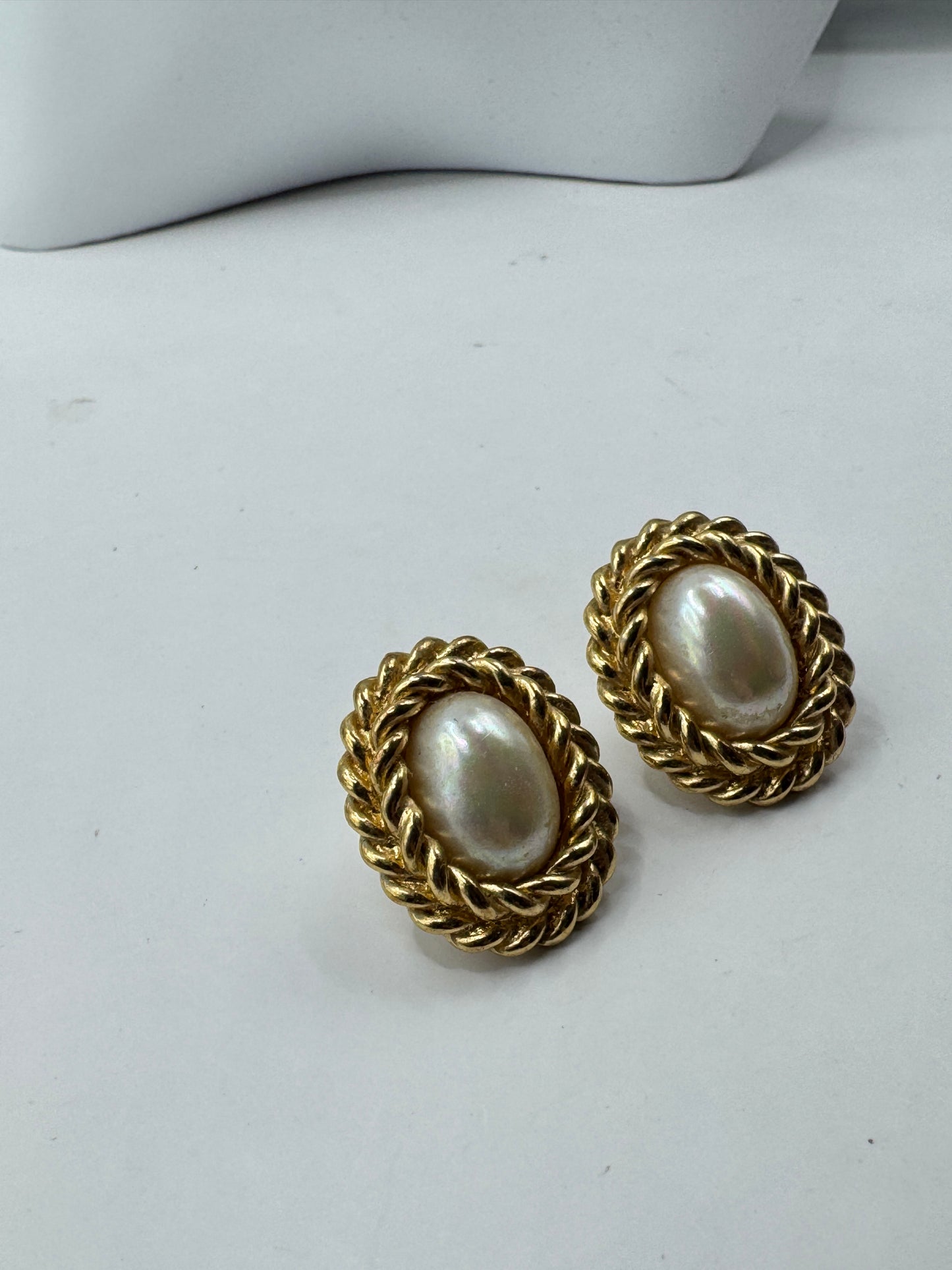 Vintage Christian Dior Earrings – Faux Pearl Gold Tone Rope Frame, Classic Statement