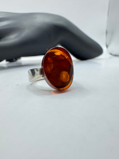 Vintage Sterling Silver Oval Amber Ring Size 6.5
