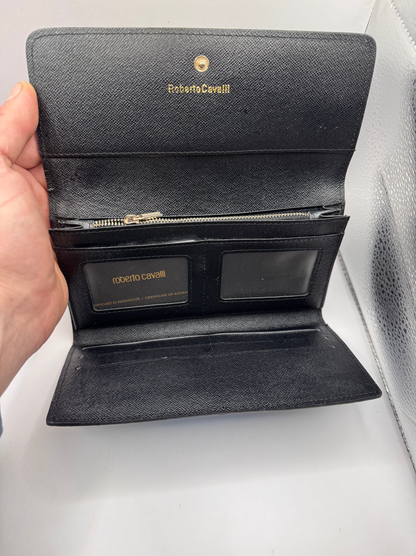 Vintage Roberto Cavalli Wallet – Blue & Black Embossed Leather, Brand New