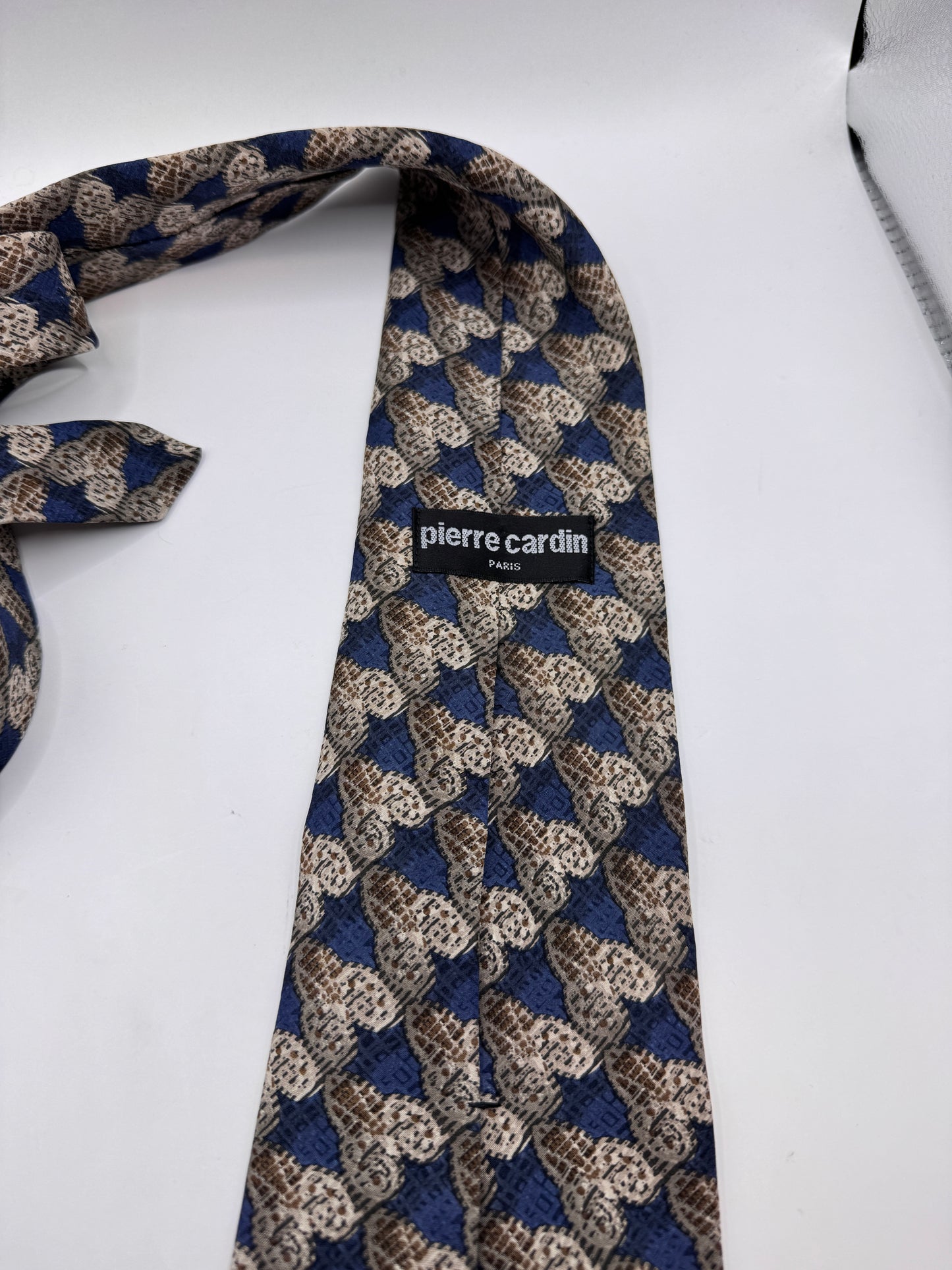 Vintage Pierre Cardin Silk Tie – 100% Silk, Blue & Taupe Geometric Pattern