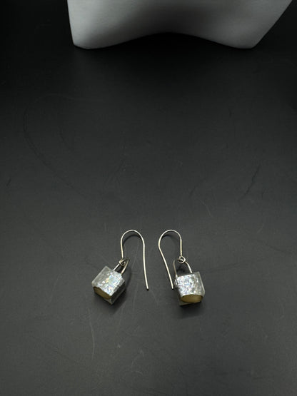 Vintage Sterling Silver Padlock Dangle Earrings – Iridescent Resin Inlay, Minimalist Lock Design