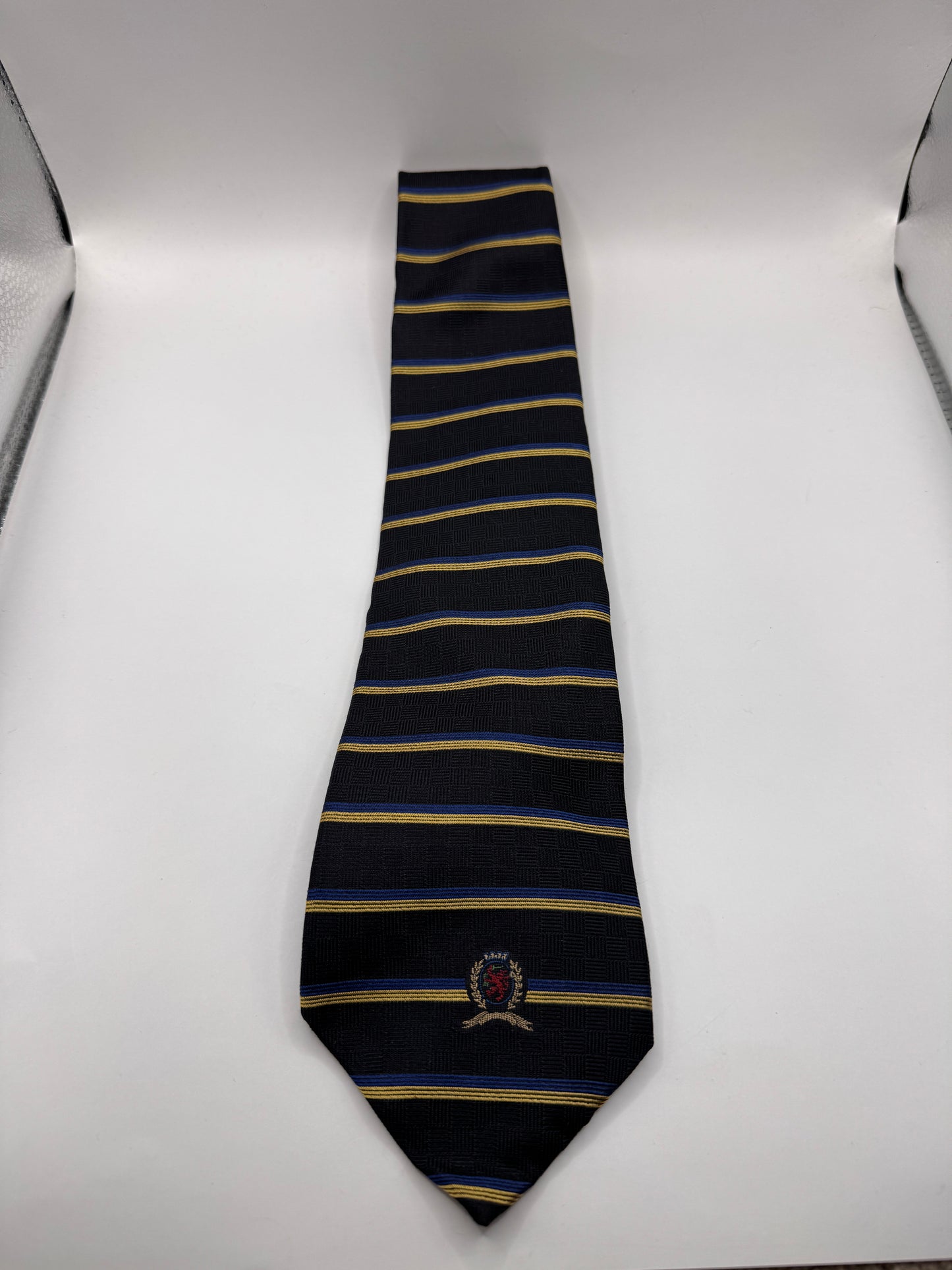 Vintage Tommy Hilfiger Silk Tie – 100% Silk, Navy Stripe Crest