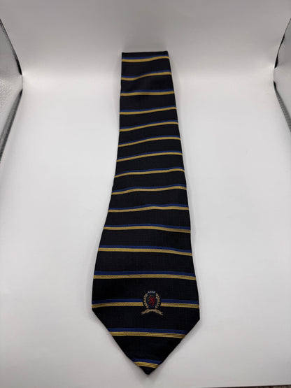 Vintage Tommy Hilfiger Silk Tie – 100% Silk, Navy Stripe Crest