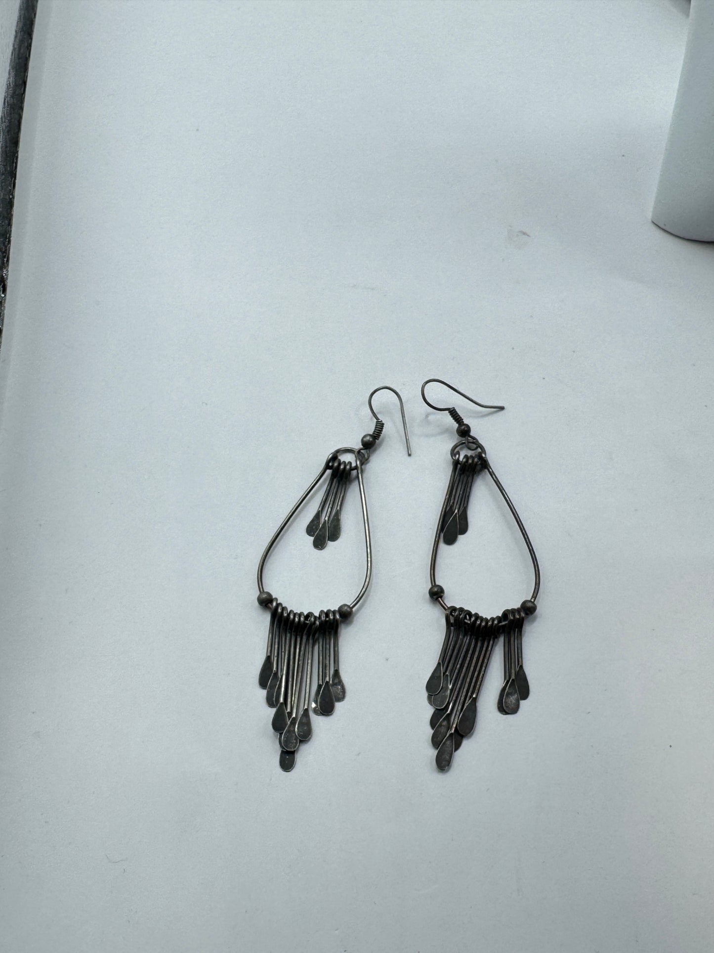 Vintage Silver Tone Dangle Earrings – Fringe Boho Tribal Style, 60s–70s