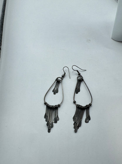 Vintage Silver Tone Dangle Earrings – Fringe Boho Tribal Style, 60s–70s