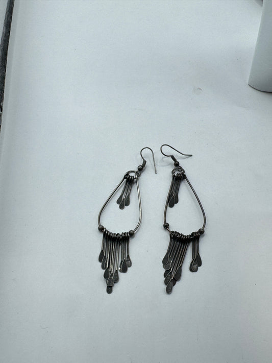 Vintage Silver Tone Dangle Earrings – Fringe Boho Tribal Style, 60s–70s