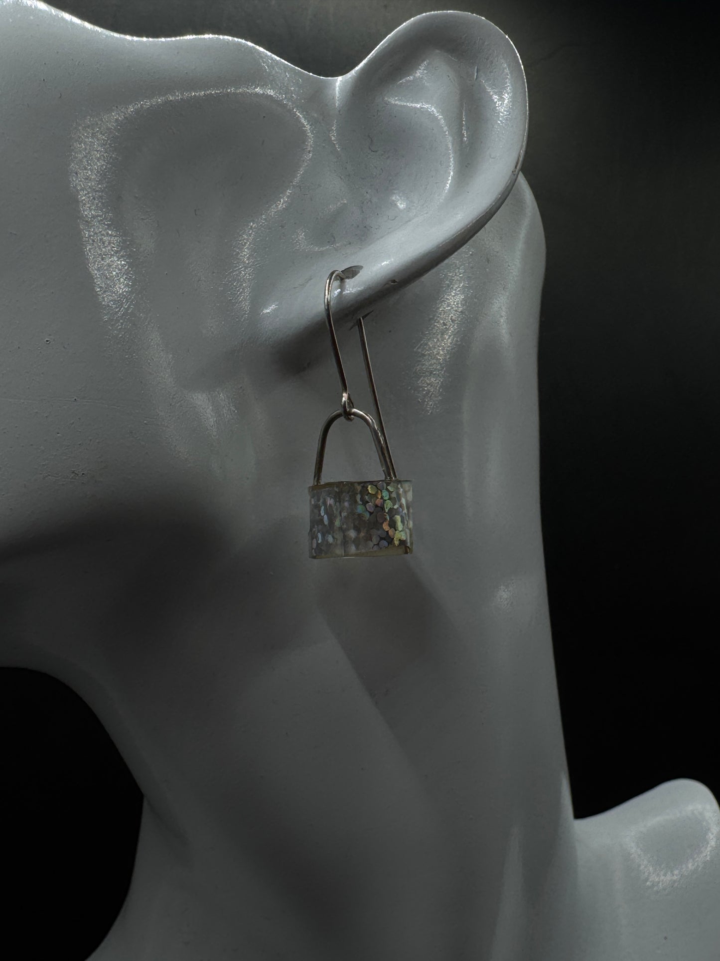 Vintage Sterling Silver Padlock Dangle Earrings – Iridescent Resin Inlay, Minimalist Lock Design