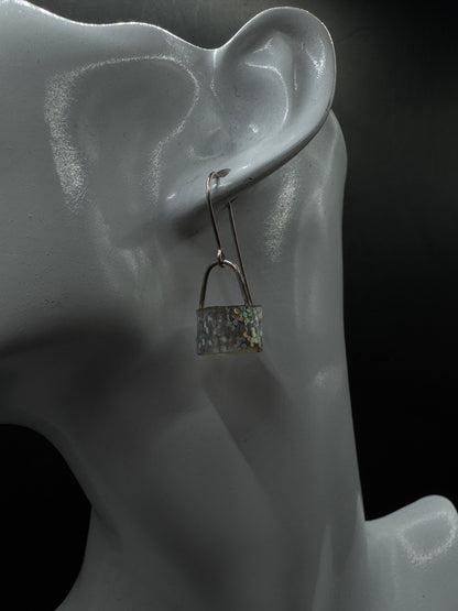 Vintage Sterling Silver Padlock Dangle Earrings – Iridescent Resin Inlay, Minimalist Lock Design