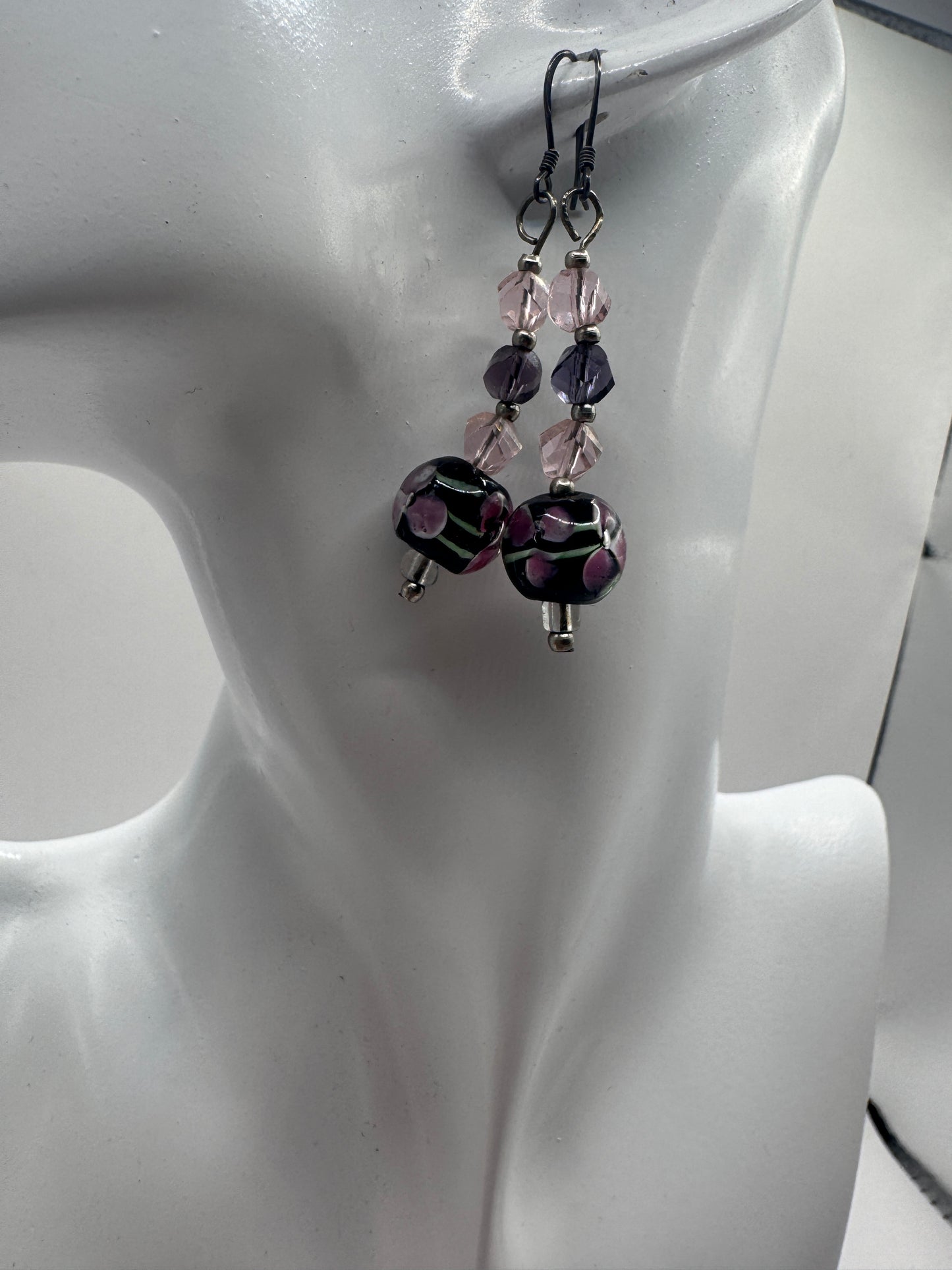 Vintage 925 Sterling Silver Murano Glass Earrings – Purple Floral Dangles
