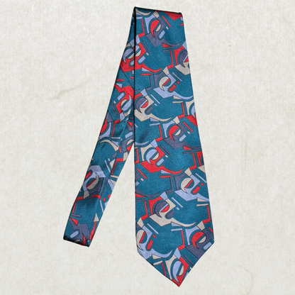 Vintage Moores Silk Tie – Abstract Geometric Pattern, Teal & Red, 100% Silk, 55”