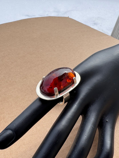 Mogens Godskesen Sterling Silver Ring with Large Fire Amber, Size 7,5