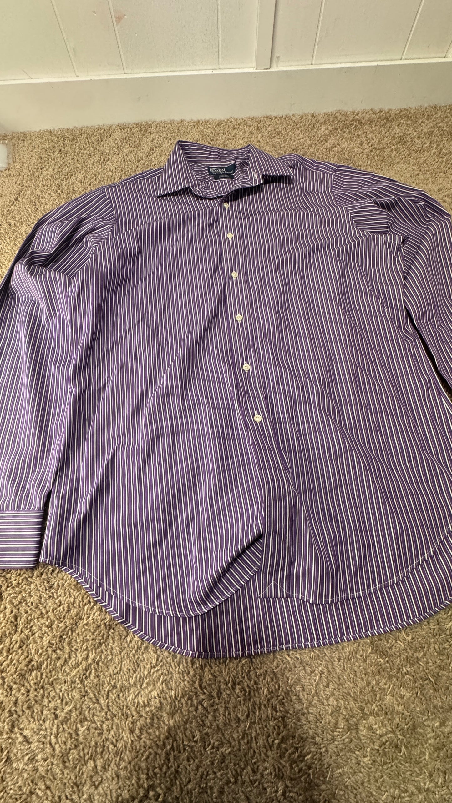 Vintage 90s Polo by Ralph Lauren Dress Shirt – Size 16.5 (36–37), Purple/White Stripe, Long Sleeve