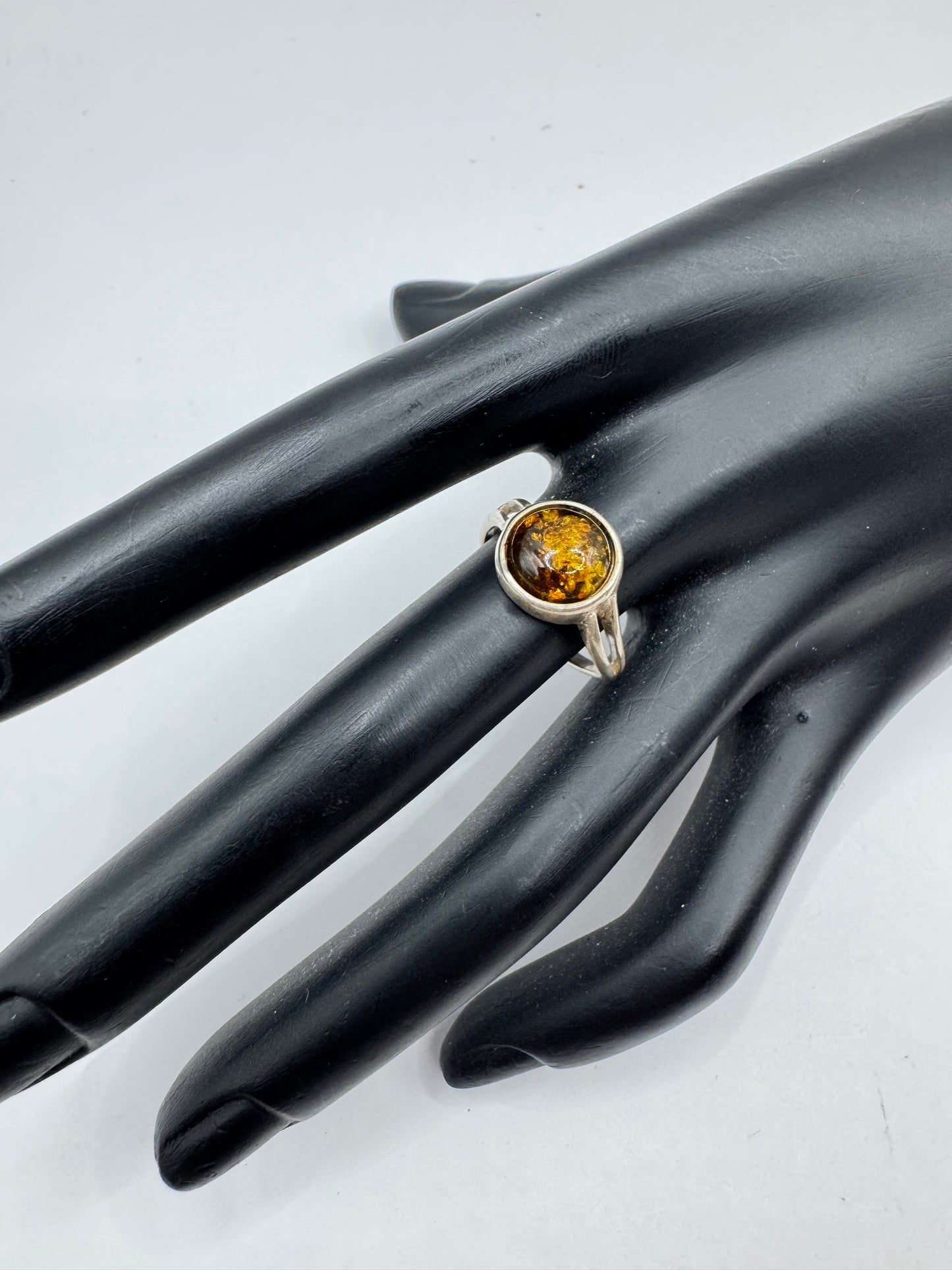 Sterling Silver Round Amber Ring Size 8