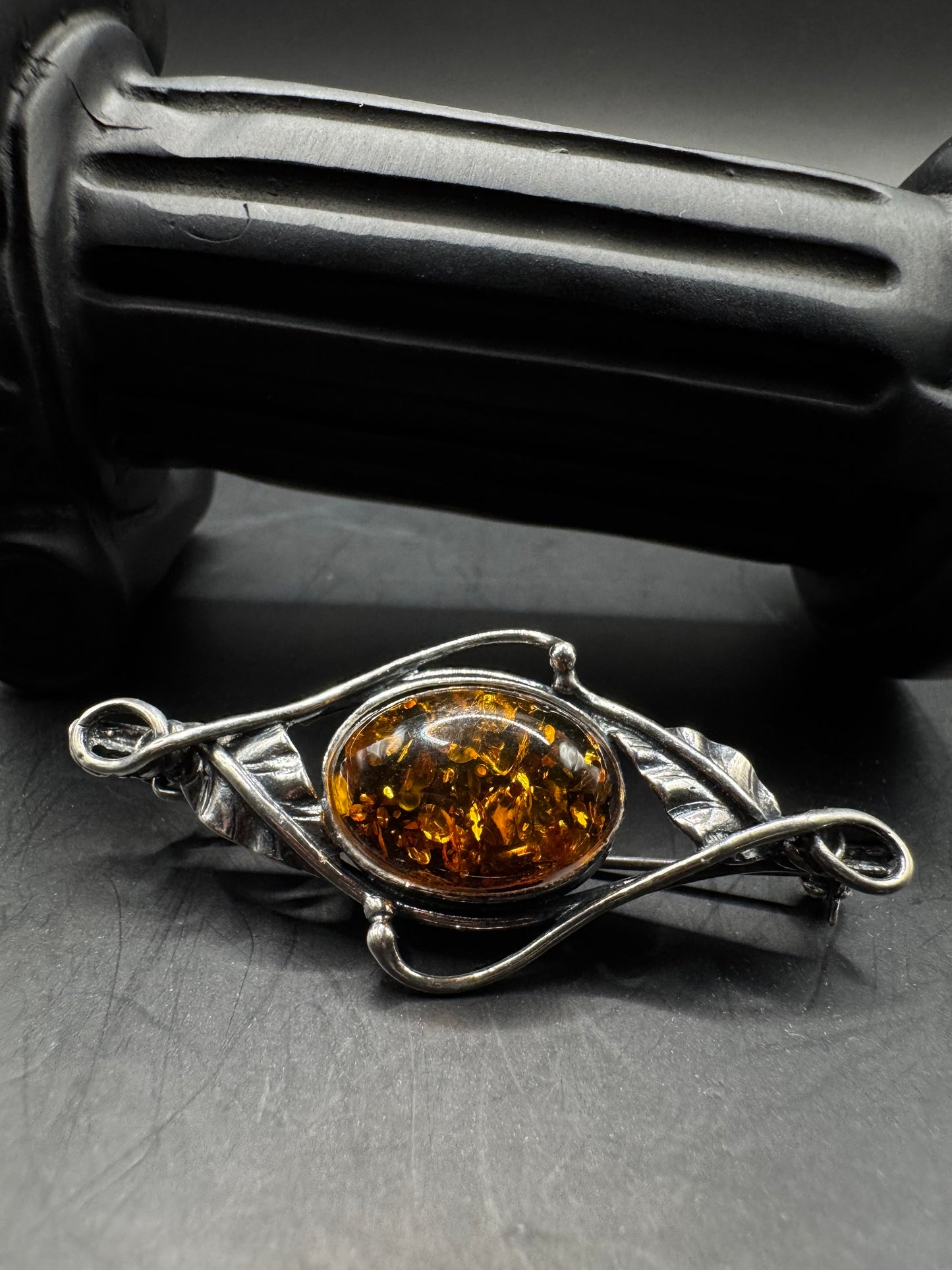 Sterling Silver & Amber Handmade Vintage Brooch – 2”