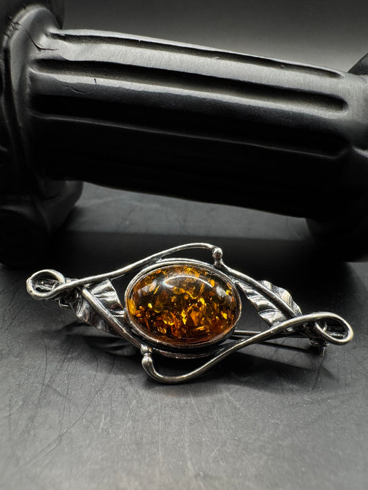 Sterling Silver & Amber Handmade Vintage Brooch – 2”