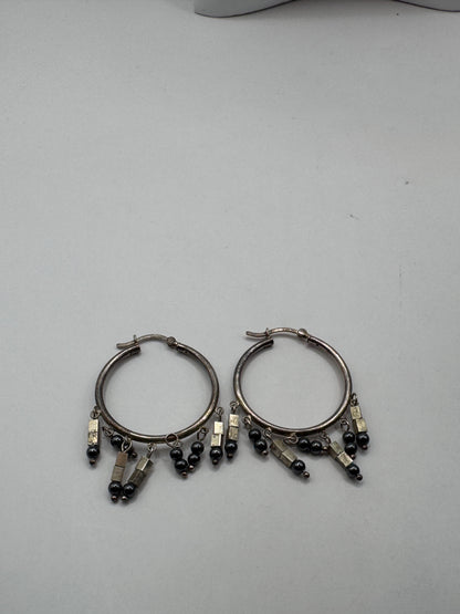 Vintage Sterling Silver Hoop Earrings with Black Onyx Dangles – Excellent Condition