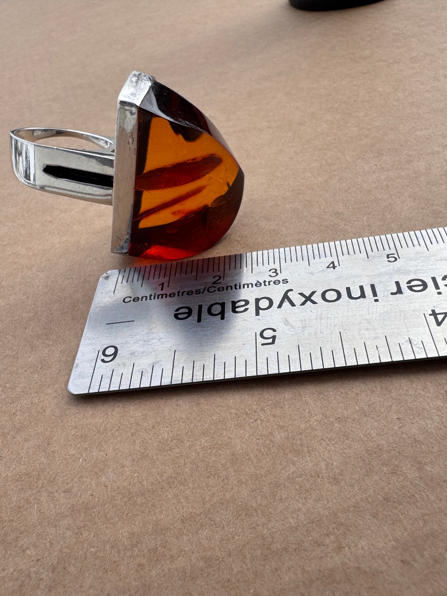 Sterling Silver Ring with Faceted Fire Amber, Size 7.5