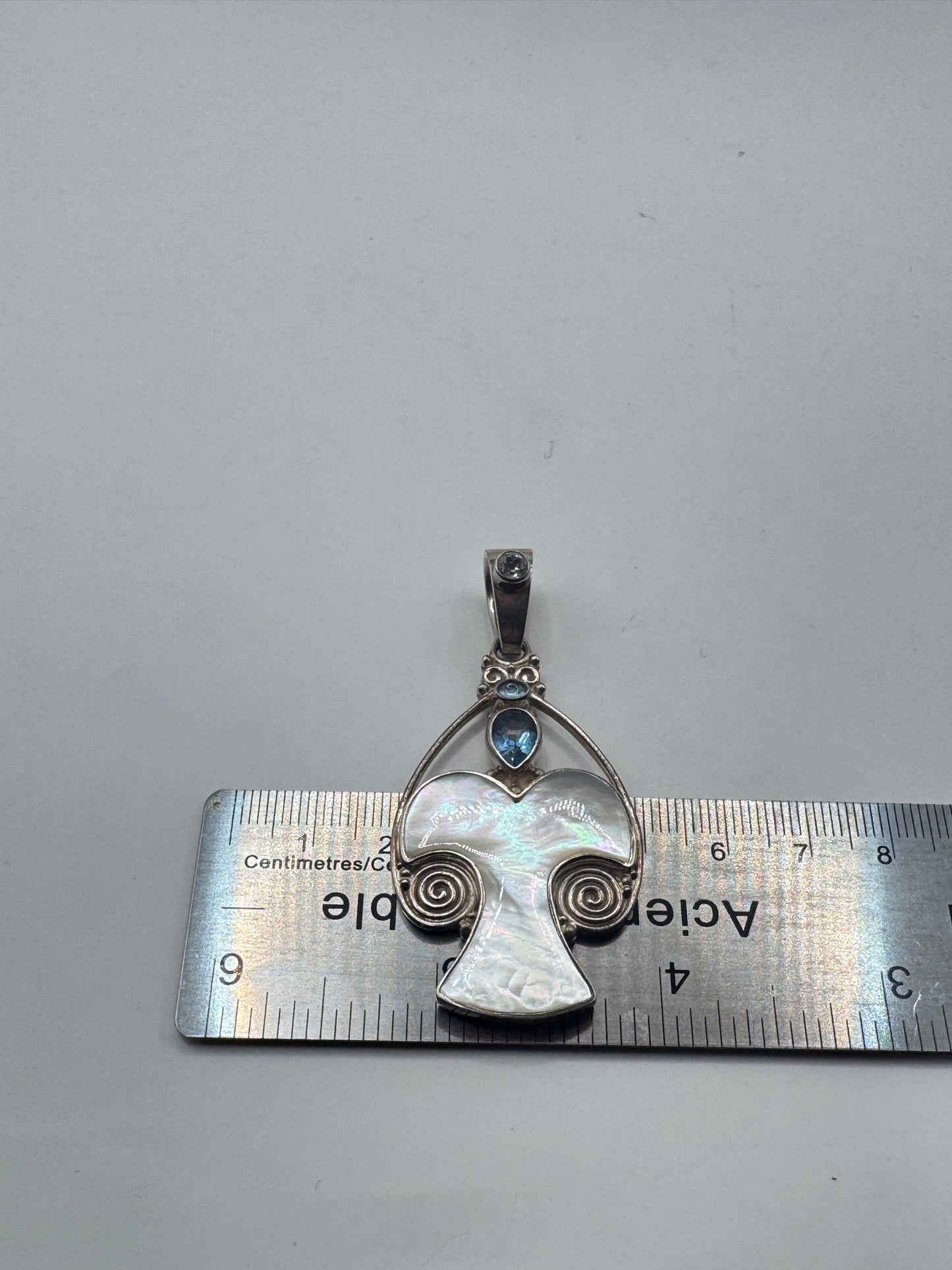 RARE Large Sajen Sterling Silver Mother of Pearl & Topaz Stylized Angel Pendant – Excellent Condition