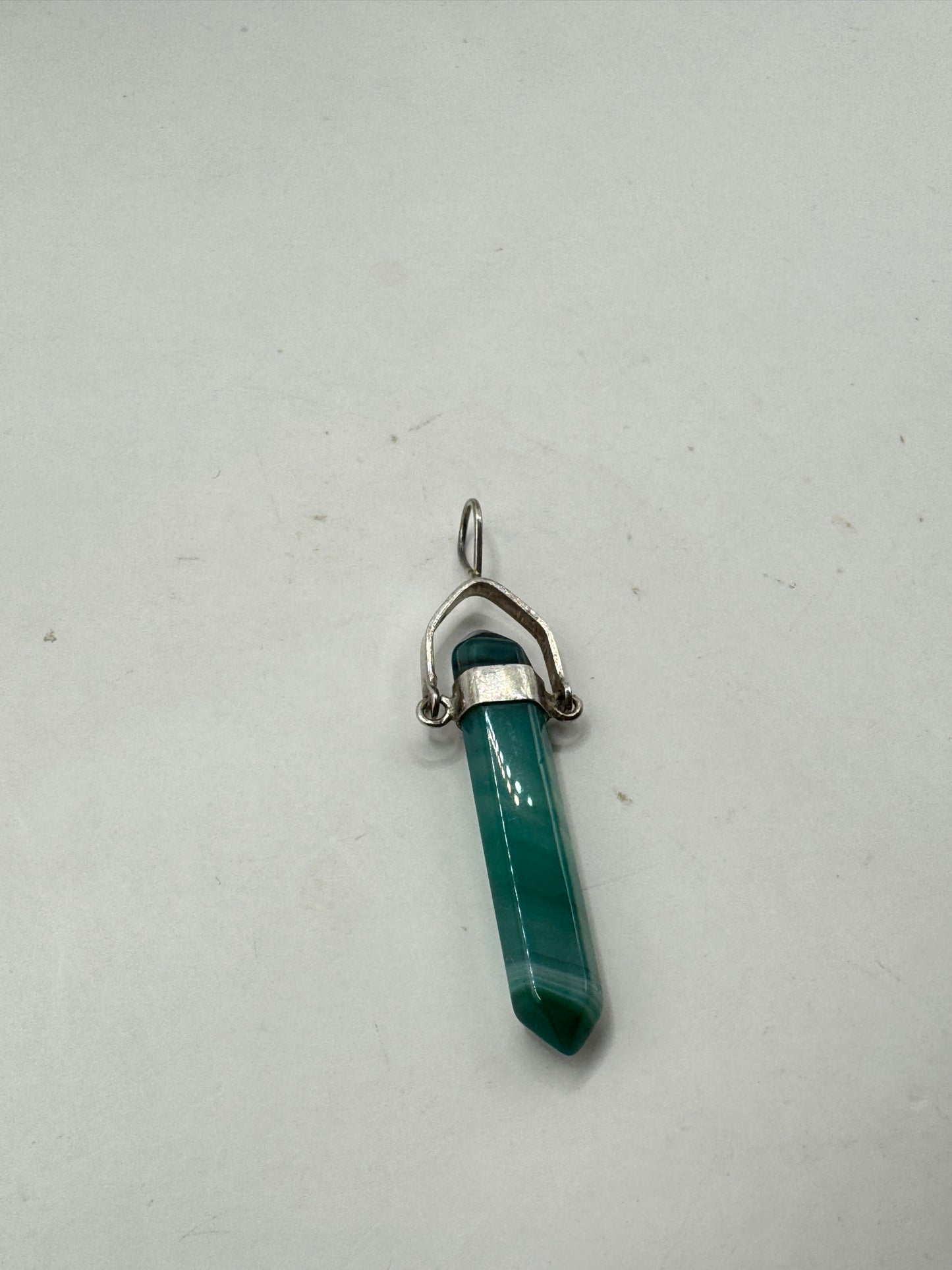 Vintage Sterling Silver Green Banded Agate Crystal Point Pendant – Artisan Gemstone Charm