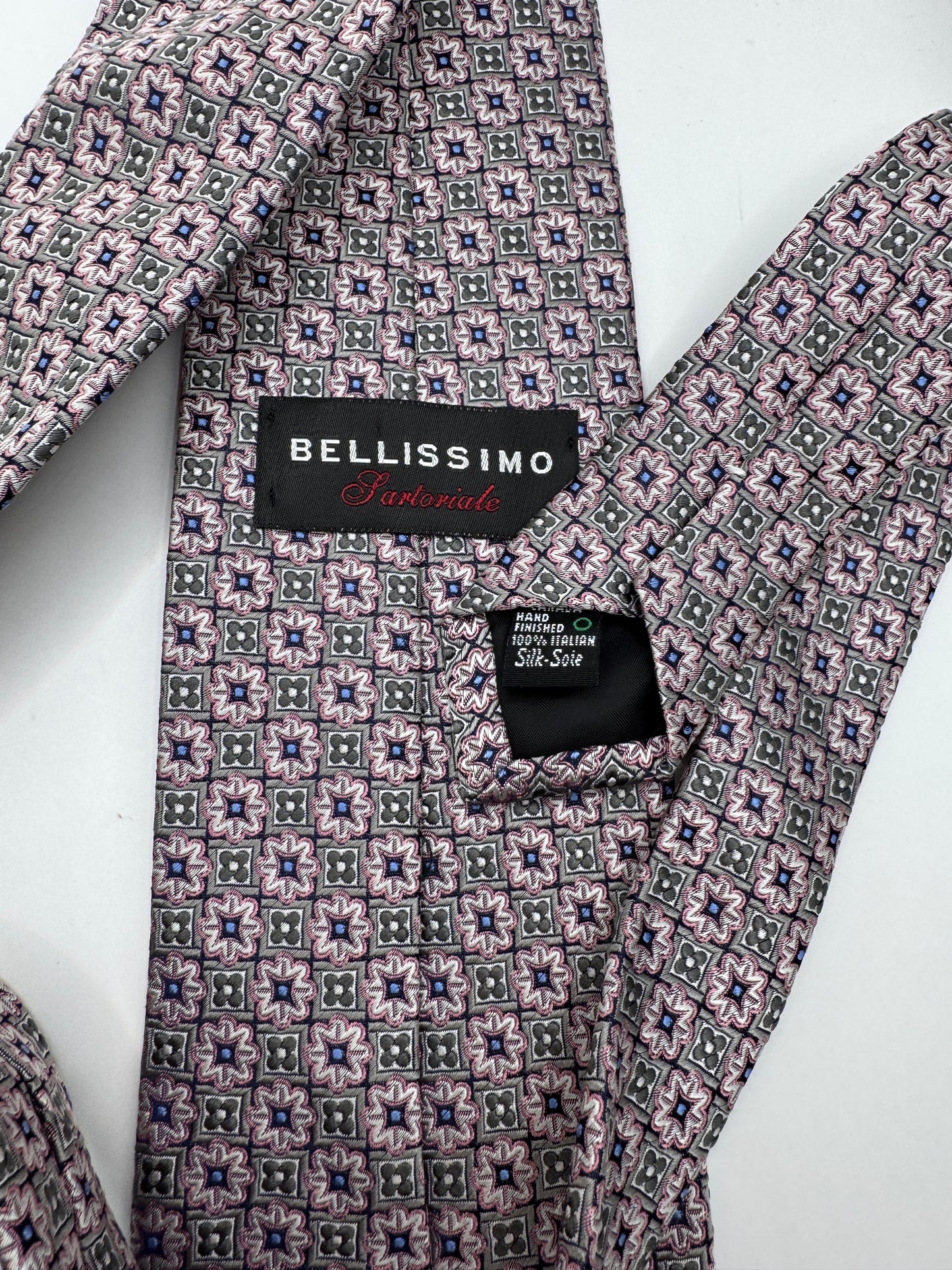 Vintage Bellissimo Silk Tie – 100% Silk, Geometric Floral Pattern
