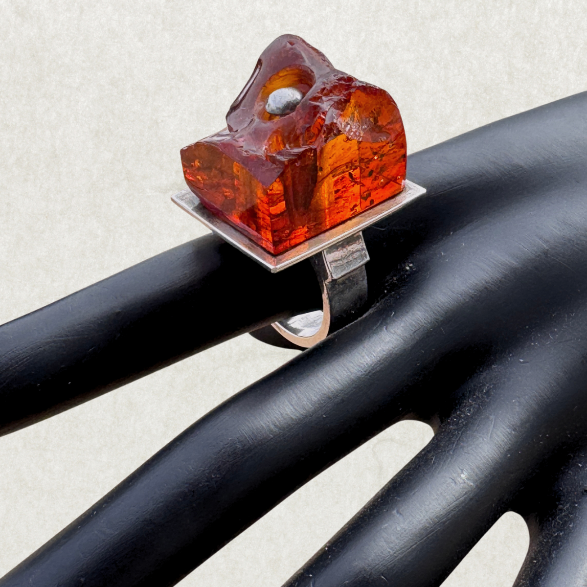 Sterling Silver Modernist Ring with Sculptural Amber, Mogens Godskesen Size 9