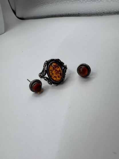 Vintage Sterling Silver 925 Baltic Amber Jewelry Set – Ring Size 7.5 & Stud Earrings