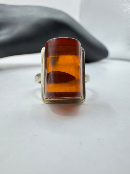 Vintage Large Sterling Silver Amber Ring Size 8.5
