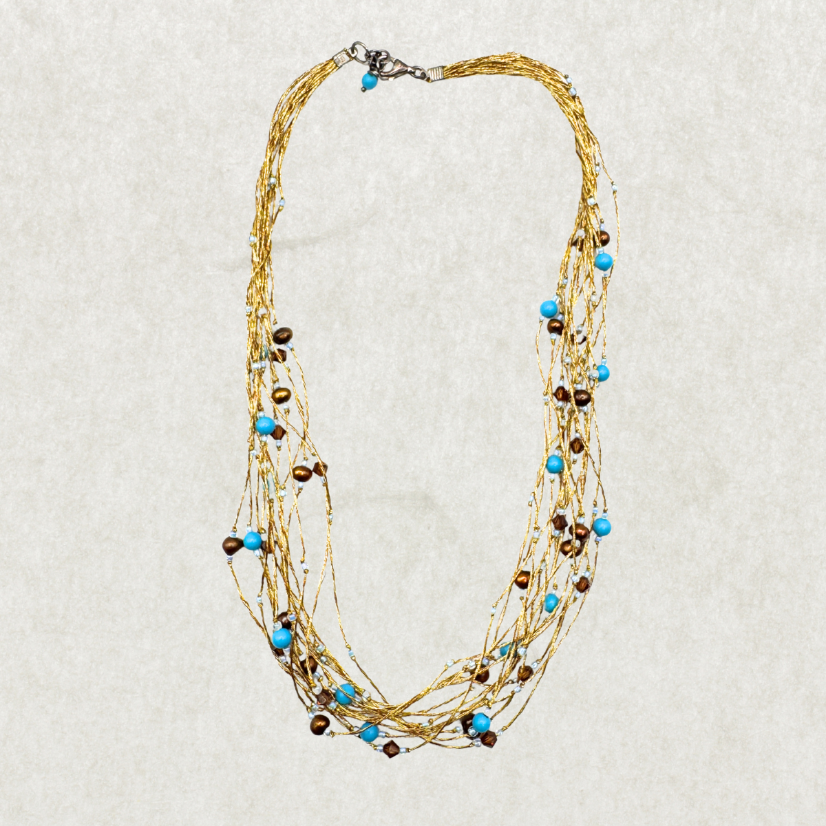Vintage Multi-Strand Necklace with Turquoise & Pearl Beads – 925 Clasp